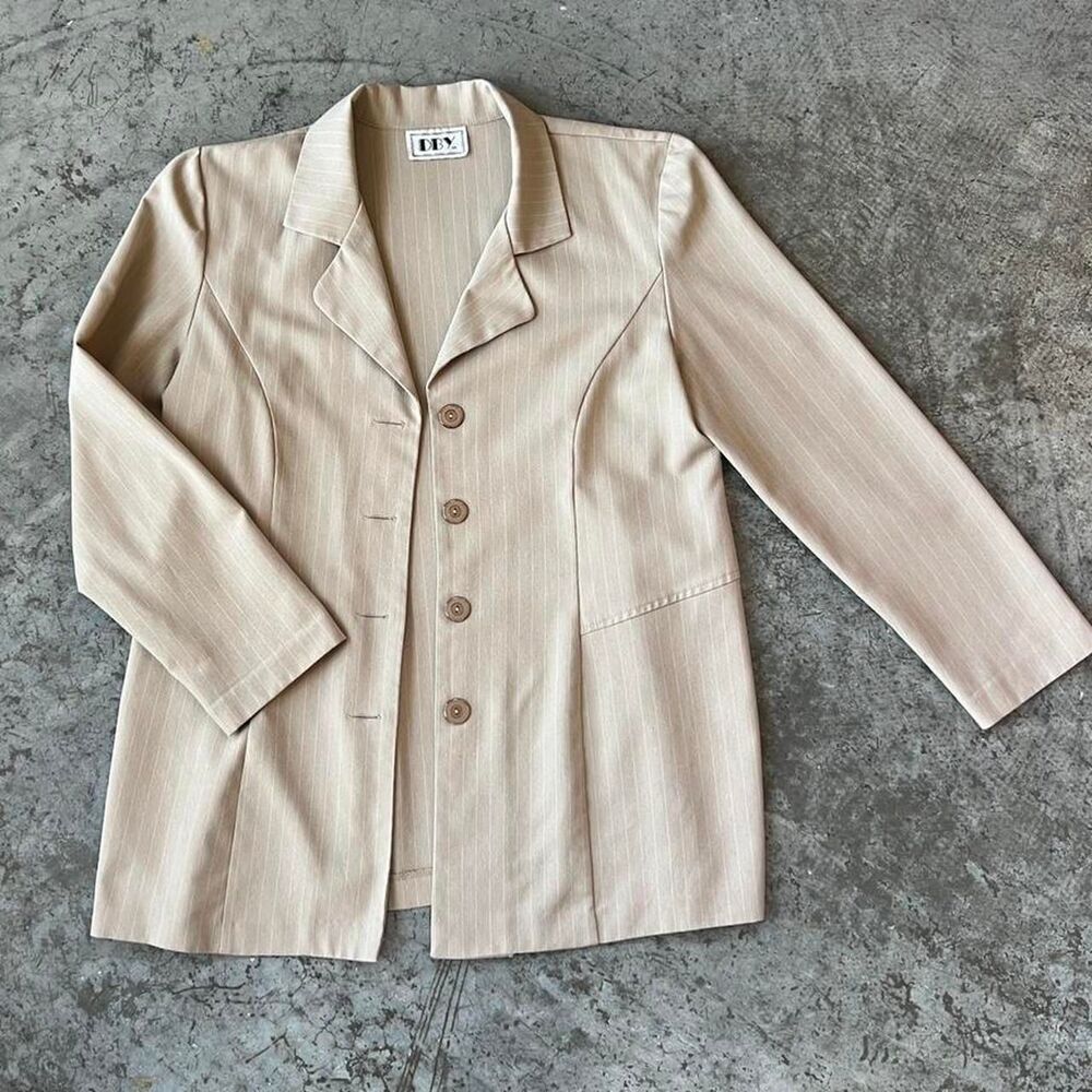 Vintage DBY Blazer Pinstripe Neutral Tan Lightweight Jacket Button Front Office